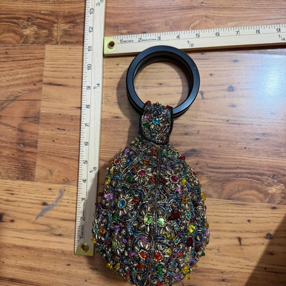 Bamboo Trading Company Beaded Ring Handle Evening Bag Multicolor Floral Mosaic